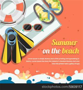 Travel concept summer on the beach on stylish background. Traveling, planning a summer vacation, tourism, objects for beach holiday in flat design. For web construction, mobile applications, banners