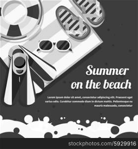 Travel concept summer on the beach on stylish background. Traveling, planning a summer vacation, tourism, objects for beach holiday in flat design. Monochrome banner Summer on the beach