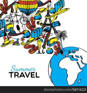 Travel concept with hand drawn summer holiday symbols and globe vector illustration. Travel Hand Drawn Illustration