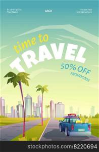 Travel coupon with summer landscape, town and car with luggage on road. Vector flyer with promocode for vacation trip. Cartoon illustration of tropical city with skyscrapers and palm trees. Travel coupon with summer landscape, town and car