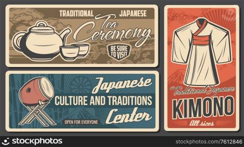 Travel, culture and cuisine traditions of Japan, vector vintage cards. Taiko drum national music percussion instrument, kimono dress and Fuji, bamboo and fan, tea ceremony pot and cups. Japan travel and traditions, vector posters