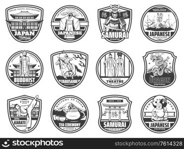 Travel, culture, sport and religion of Japan vector icons. Fuji mountain, bonsai tree, tea ceremony and geisha kimono, buddhist temple, dragon and samurai, yabusame and kabuki theatre, karate sport. Japanese travel, culture, sport and religion icons