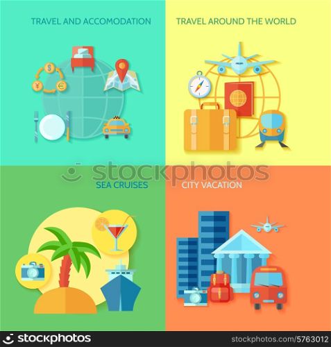 Travel design concept set with accomodation sea cruises and city vacation flat icon set isolated vector illustration. Travel Flat Icon Set