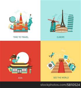 Travel design concept set with world landmarks flat icons isolated vector illustration. Travel Design Concept