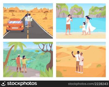 Travel destinations with friends and lovers flat color vector illustration set. Couples enjoying summer retreat 2D simple cartoon characters collection with beautiful landscapes on background. Travel destinations with friends and lovers flat color vector illustration set