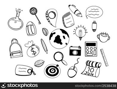 Travel Doodle Icons. Hand Made Illustration. Sketch Line Art. Tourist Objects Vacation. Summer Adventure.
