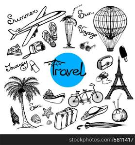 Travel doodle set with glasses cocktail baggage map isolated vector illustration. Travel Doodle Set