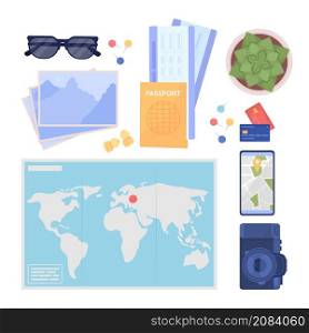 Travel equipment semi flat color vector object set. Planning trip and voyage Realistic item on white. Lifestyle isolated modern cartoon style illustration for graphic design and animation collection. Travel equipment semi flat color vector object set