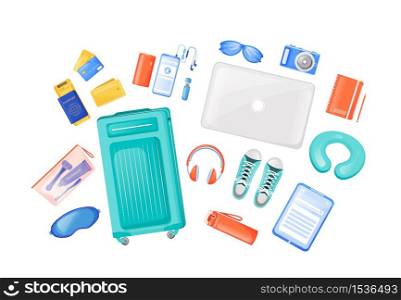 Travel essentials flat color vector objects set. Carry on bag. Gadgets and headphones. Freelancer journey equipment. Flight checklist. 2D isolated cartoon illustration on white background. Travel essentials flat color vector objects set