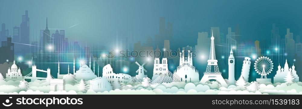 Travel Europe landmarks of world with skyscraper at night light, Traveling world with cityscape panorama, Popular capital with skyline, Origami paper cut style for postcard poster, Vector illustration