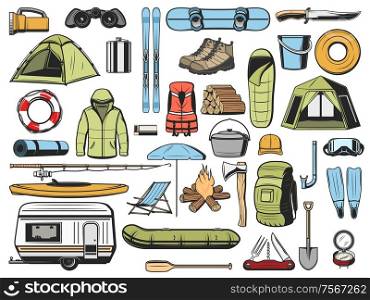 Travel, fishing and camping equipment isolated icons. Vector hiking snowboard and skis, travel trailer and tent, inflatable boat and rubber boats, ackpack, fishery gear, campfire and sleeping bag, van. Travel and tourism equipment, camping icons
