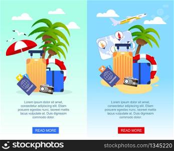 Travel Flat Advertising Banners Set with Place for Promotion Text. Mobile Tour Agency Application, Booking Service. Vector Illustration with Cartoon Vacation Accessories and Essentials on Tropic Beach. Travel Flat Banners Set for Mobile Application