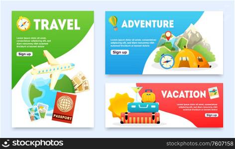 Travel flat banners set with airplane passport globe tourist tent compass map suitcase isolated vector illustration