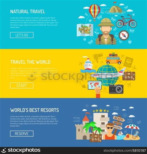 Travel Flat Horizontal Banner Set . Natural travel around the world and best resorts flat color horizontal banner set isolated vector illustration