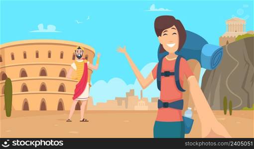 Travel girl make selfie in Rome. New reality, reopen tourism. Vacation in Italy, happy lady vector illustration. Travel girl in rome, italy vacation europe. Travel girl make selfie in Rome. New reality, reopen tourism. Vacation in Italy, happy lady vector illustration