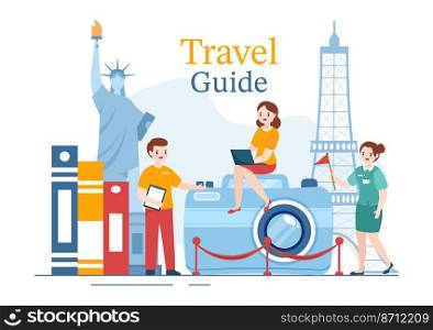 Travel Guide and Tour with Showing Interesting Places to Group of Tourist for Planning Vacation in Flat Cartoon Hand Drawn Templates Illustration