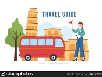 Travel Guide and Tour with Showing Interesting Places to Group of Tourist for Planning Vacation in Flat Cartoon Hand Drawn Templates Illustration