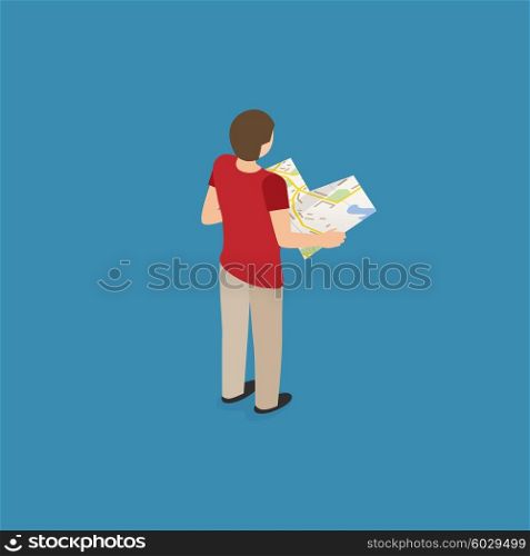 Travel guide person. Travel guide person with map in isometric vector illustration