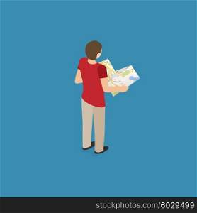 Travel guide person. Travel guide person with map in isometric vector illustration