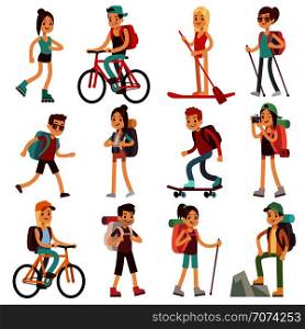 Travel happy people hiking outdoor actives. Vector flat characters set. Hiking and travel, character activity adventure illustration. Travel happy people hiking outdoor actives. Vector flat characters set