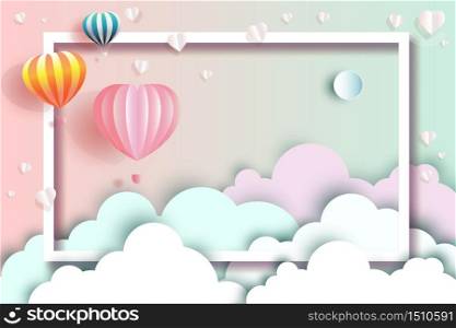 travel happy with balloons and Heart on cloud, Vector illustration for Wallpaper, flyer, invitation, card, posters, poscard, brochure, banner, advertising. paper cut, origami style for business print.