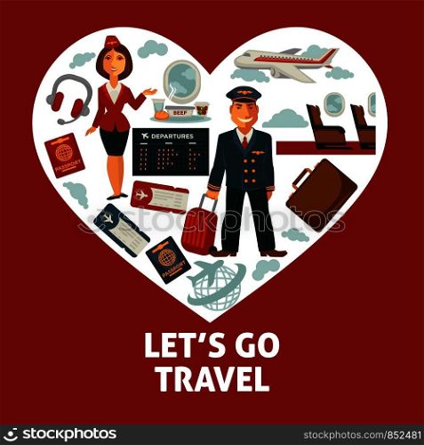 Travel heart poster for holiday vacation and summer air voyage. Vector flat design of tourist travel bag and passport or airplane flight tickets, luggage tags and stewardess or aircraft pilot. Travel poster of vector heart and traveling or vacation trip flat icons