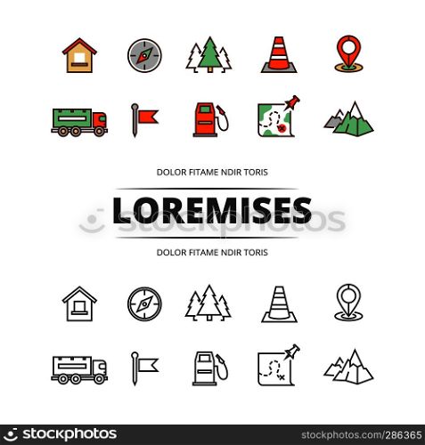 Travel, highway traffic, location outline and colorful icons. Vector illustration. Travel, highway traffic, location outline and colorful icons