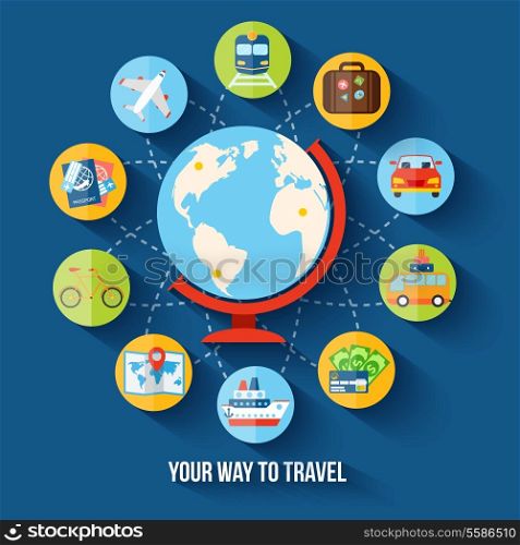 Travel holiday vacation flat concept with globe and tourism icons vector illustration