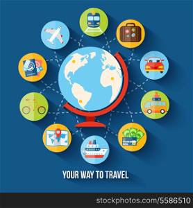 Travel holiday vacation flat concept with globe and tourism icons vector illustration