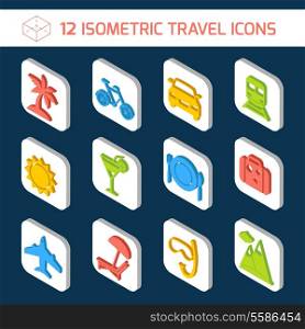 Travel holiday vacation icons isometric white set of bicycle car sun isolated vector illustration.