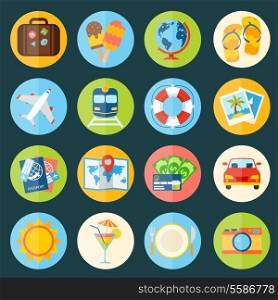 Travel holiday vacation icons set of suitcase globe icecream isolated vector illustration