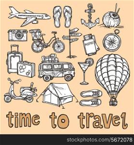 Travel holiday vacation sketch icons set of suitcase camera cocktail isolated vector illustration