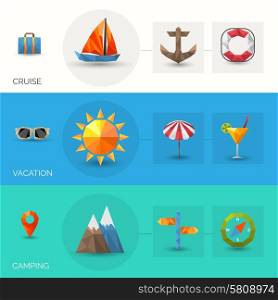 Travel horizontal banner set with cruise vacation and camping polygonal elements isolated vector illustration. Travel Polygonal Banners