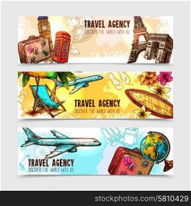 Travel horizontal banner set with sketch landmarks and vacation elements isolated vector illustration. Travel Banner Set