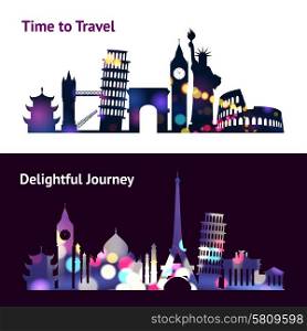 Travel horizontal banners set with world landmark silhouettes in spotlight isolated vector illustration. Travel Sights Banners