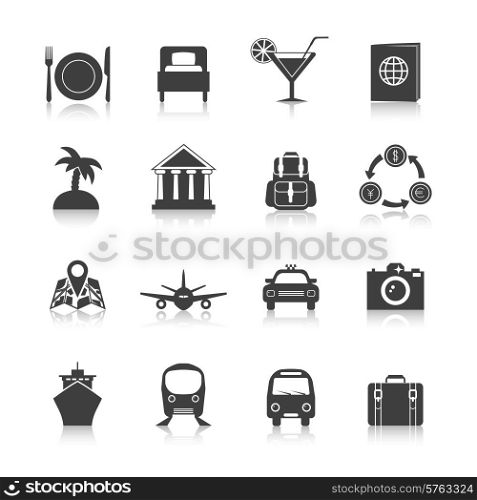Travel icon set black with hotel room luggage airplane isolated vector illustration. Travel Icon Set