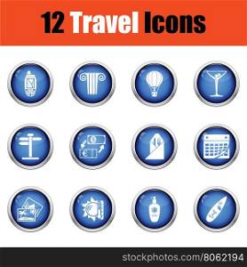 Travel icon set. Glossy button design. Vector illustration.