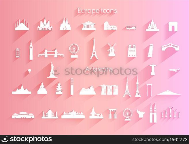 Travel Icon set of world architecture symbol with long shadow on pink background, Travel landmarks world with icon and symbol collection, Paper cut origami and paper art, Vector logo illustration.