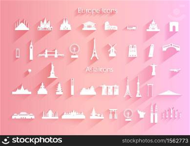 Travel Icon set of world architecture symbol with long shadow on pink background, Travel landmarks world with icon and symbol collection, Paper cut origami and paper art, Vector logo illustration.
