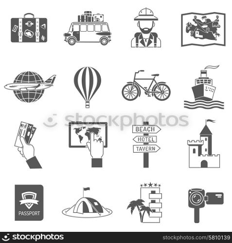 Travel icons black set with globe bicycle palm bus isolated vector illustration. Travel Icons Black Set