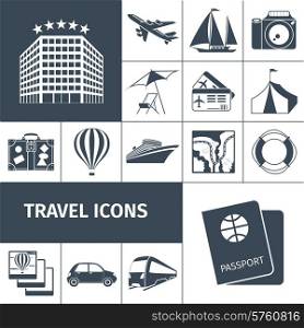 Travel icons black set with passport map photo camera balloon isolated vector illustration