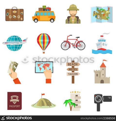 Travel icons flat set with tent ticket and passport isolated vector illustration. Travel Icons Flat
