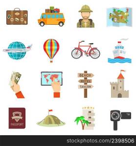 Travel icons flat set with tent ticket and passport isolated vector illustration. Travel Icons Flat