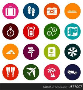 Travel icons many colors set isolated on white for digital marketing. Travel icons many colors set