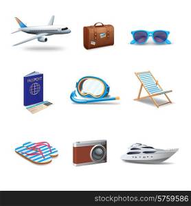 Travel icons realistic set with passport sunglasses snorkeling mask isolated vector illustration. Travel Icons Set