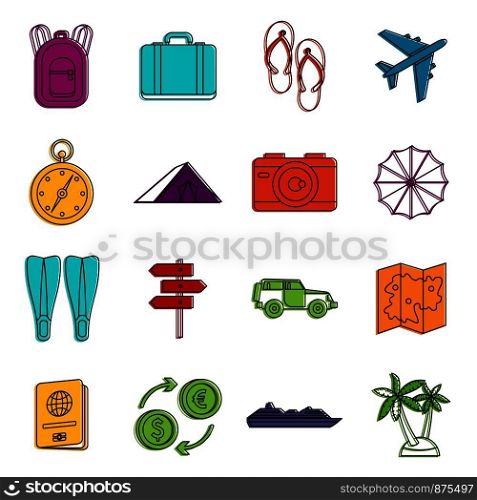 Travel icons set. Doodle illustration of vector icons isolated on white background for any web design. Travel icons doodle set