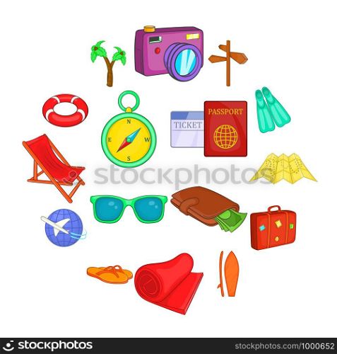 Travel icons set in cartoon style. Tourism elements set collection vector illustration. Travel icons set, cartoon style