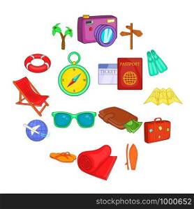Travel icons set in cartoon style. Tourism elements set collection vector illustration. Travel icons set, cartoon style