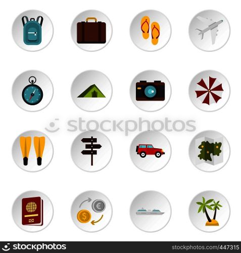 Travel icons set in flat style. Tourism elements set collection vector icons set illustration. Travel icons set, flat style