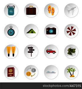 Travel icons set in flat style. Tourism elements set collection vector icons set illustration. Travel icons set, flat style